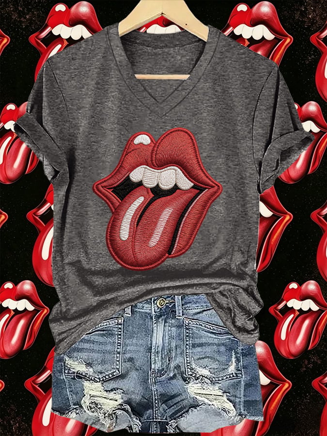 Women's V-Neck Retro Foreign Tongues Print T-shirt