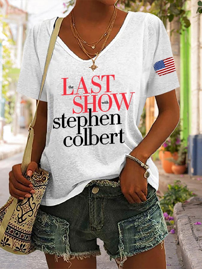 Off V-Neck Retro Last Show Print T-Shirt