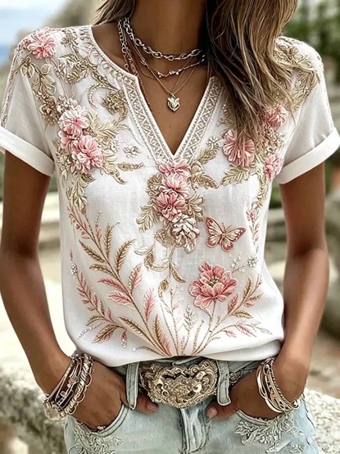 Women's Floral Cotton-Linen Print Top