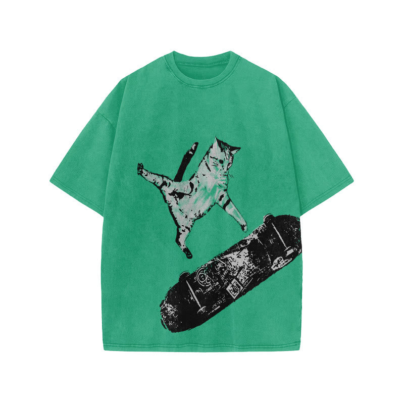 Unisex Street Skate Cat Print Acid Washed T-shirt