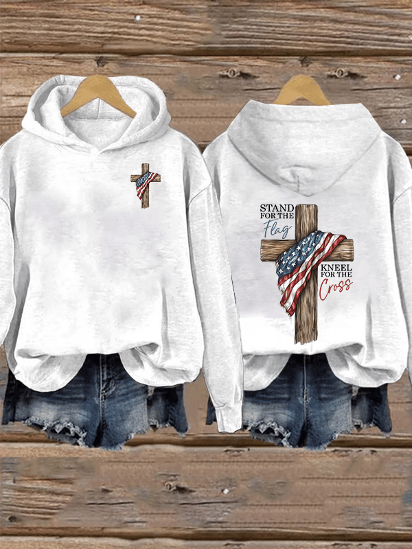 Women's Stand For The Flag Kneel For The Cross Printed Casual Hoodie