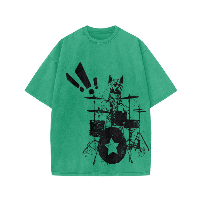 Unisex Cat Playing Drums Print Acid Washed T-shirt