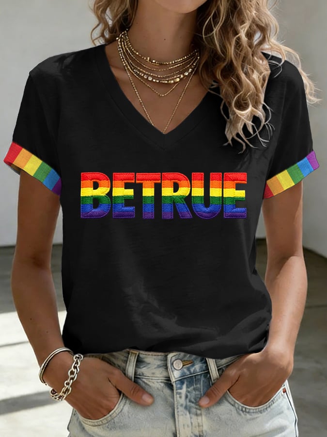 V-Neck Retro Pride Parade Be True Just Love It Print T-Shirt