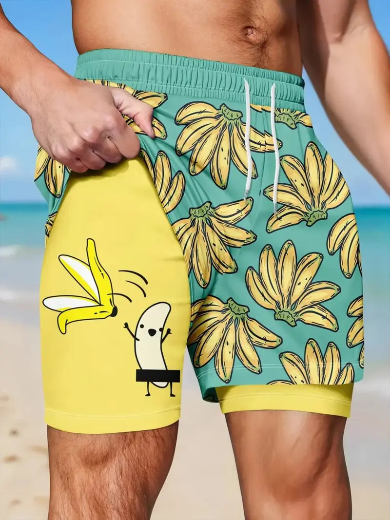 Unisex Banana Print Double-Layer Beach Shorts