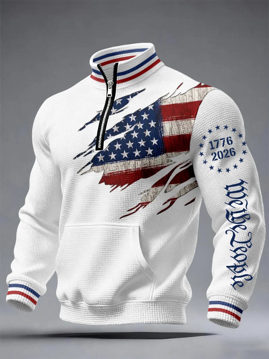 Men's 250th America Anniversary Casual Printed Stand Collar Zip Waffle Sweatshirt