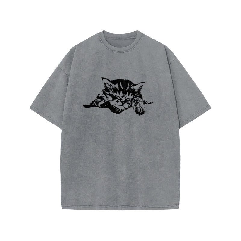 Unisex Quiet Sleeping Cat Print Acid Washed T-shirt