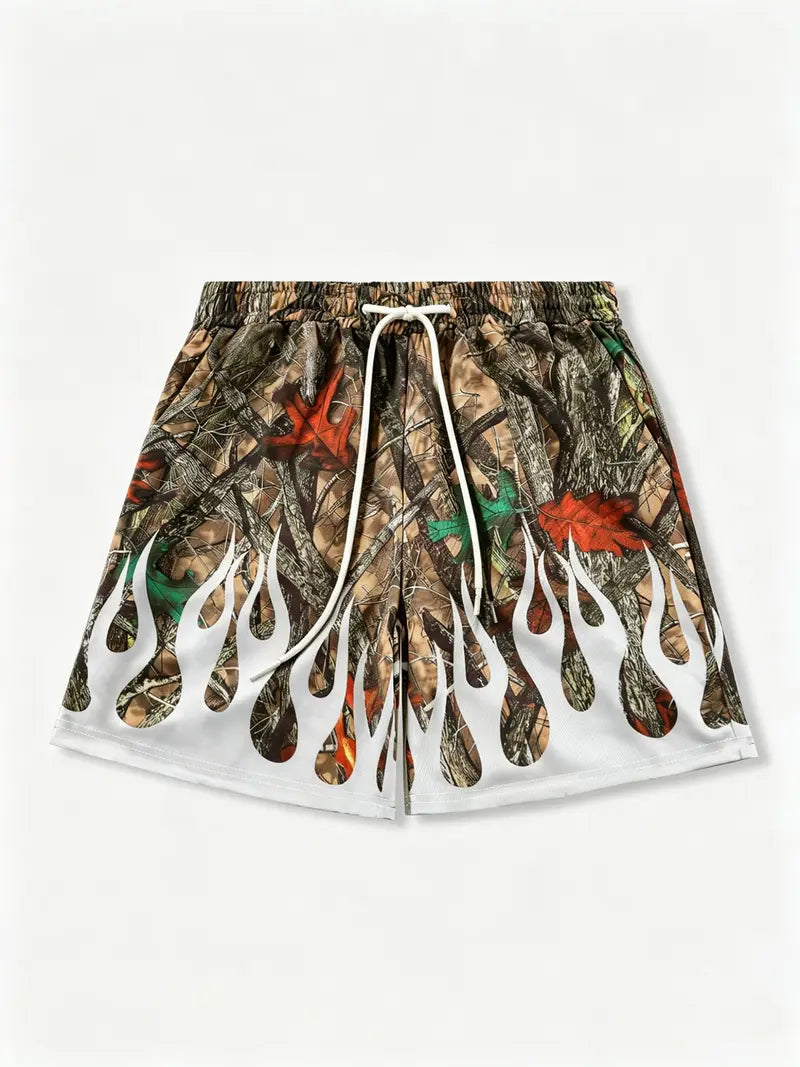 Unisex Trendy Baggy Camouflage and Flame Print Beach Shorts
