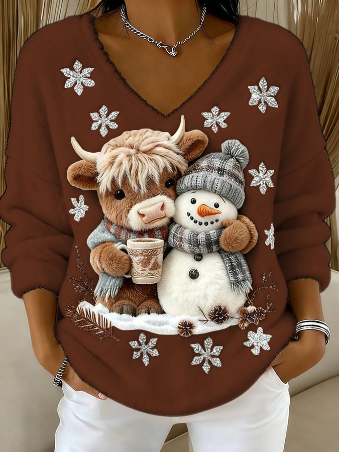 Women's Animal Highland Cow Yeti Art Print V-Neck Top