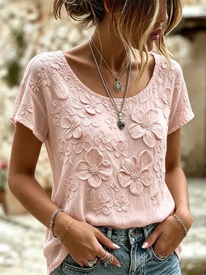Women's Floral Cotton-Linen Print Top
