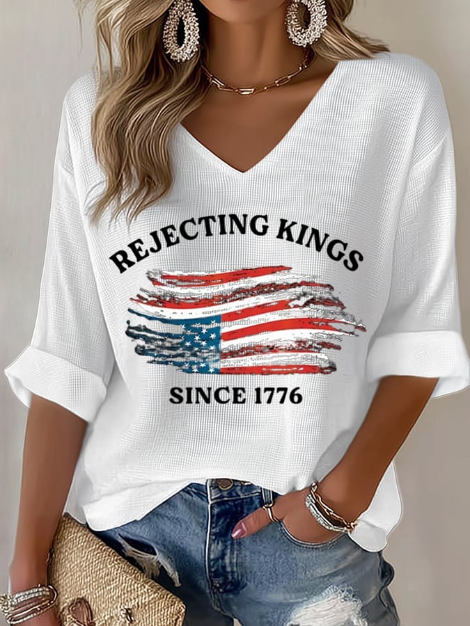Women's No Kings In America Printed Casual Waffle T-Shirt