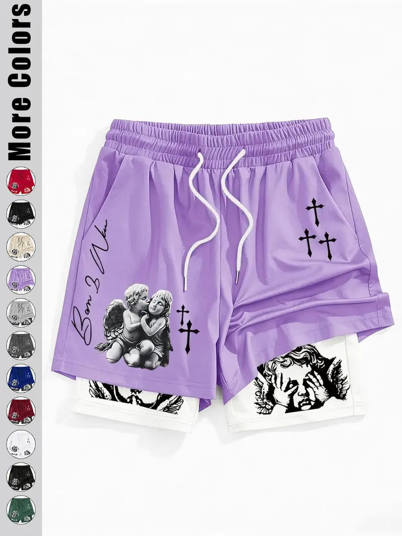 Unisex Angel Cross Print Double Layer Shorts
