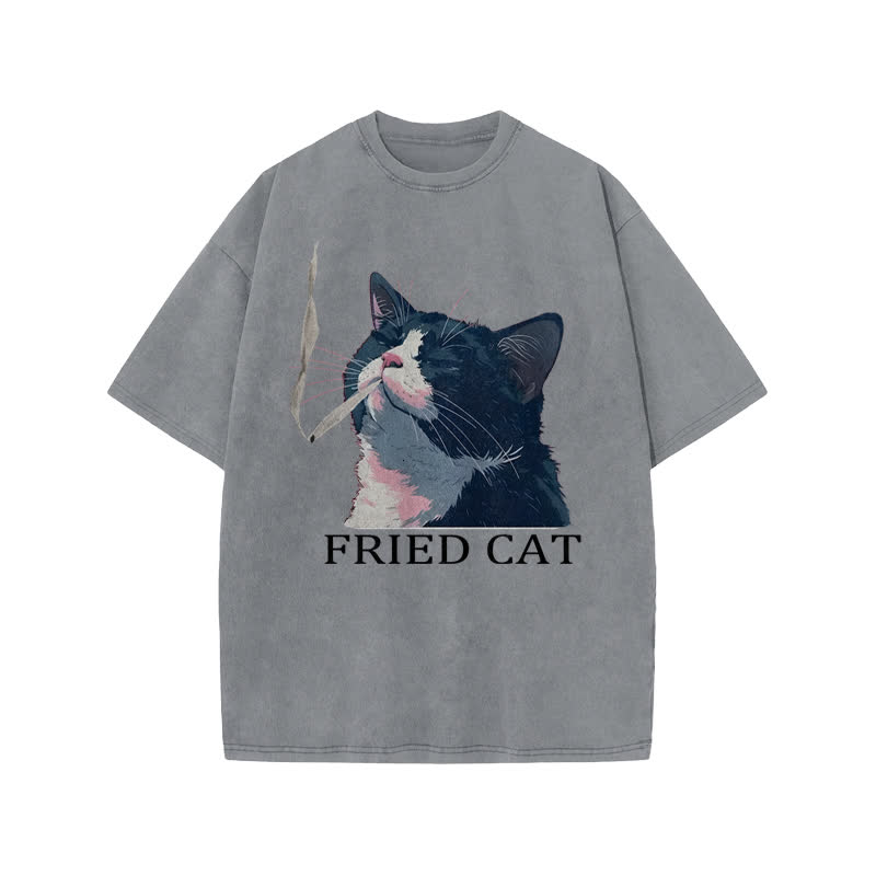Unisex Fried Cat Print Acid Washed T-shirt