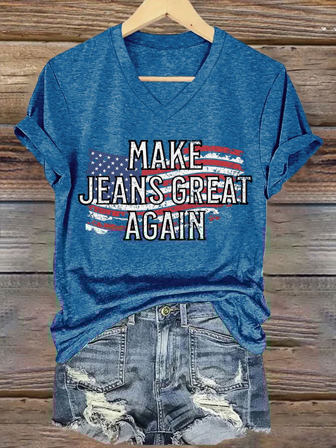V-Neck Retro Make Jeans Great Again Print T-Shirt