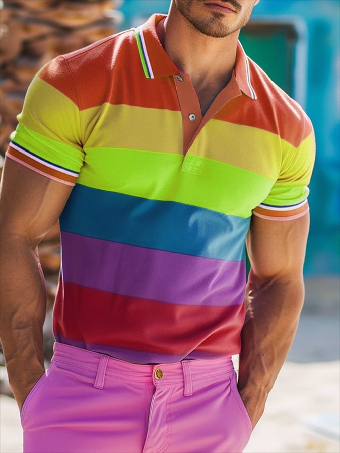Men's Rainbow Multicolor Stripe Print Polo Shirt