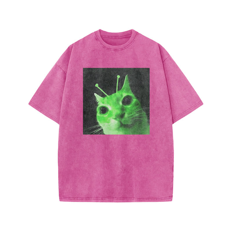 Unisex Alien Cat Halloween Print Acid Washed T-shirt