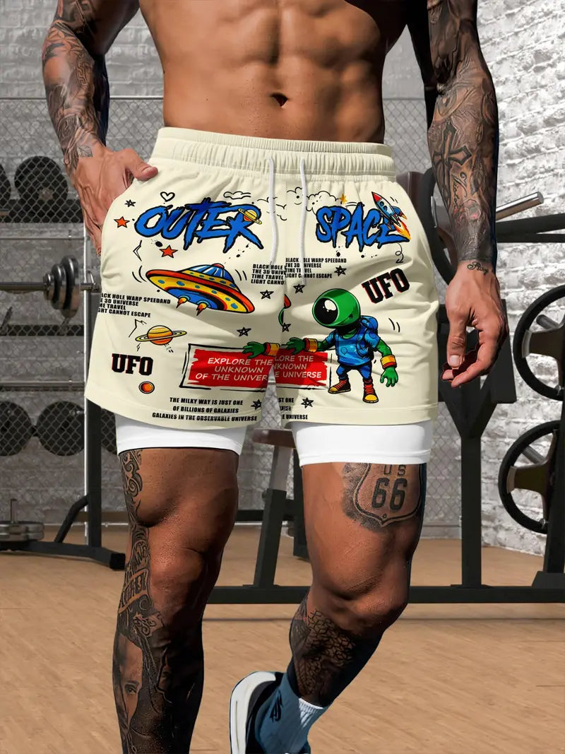 Unisex Alien Spaceship Print Casual Wear Shorts