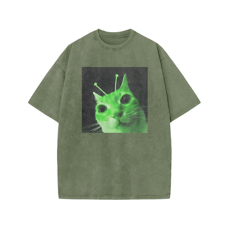 Unisex Alien Cat Halloween Print Acid Washed T-shirt