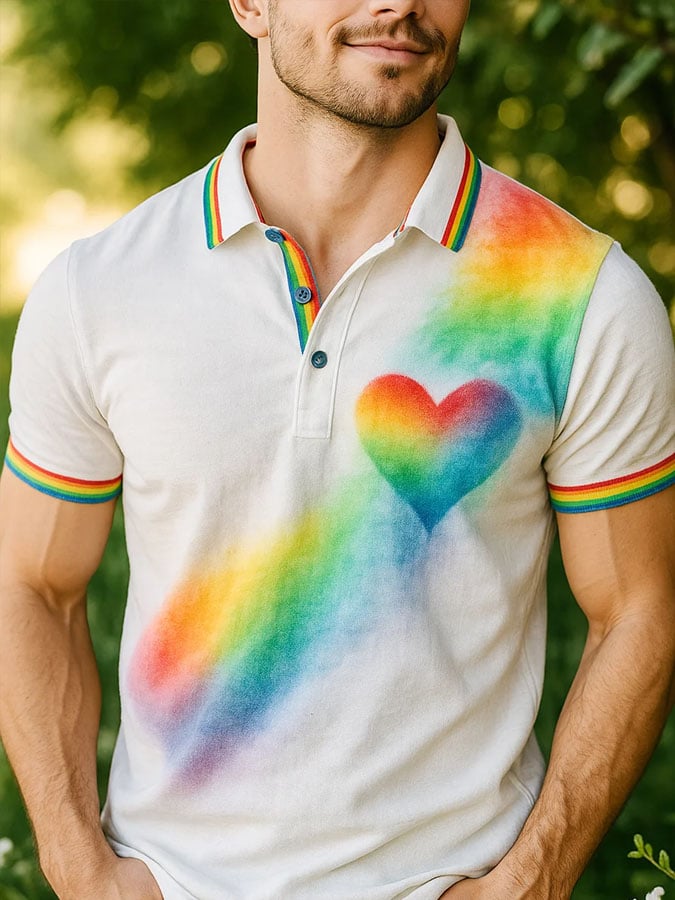 Men's Rainbow Art Heart Gradient Print Casual Short Polo Shirt
