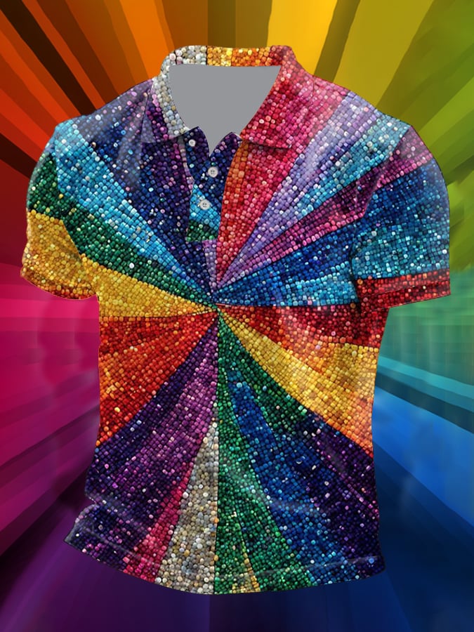 Men's Retro Rainbow Shiny Ripples LGBT Gay Print Polo Shirt