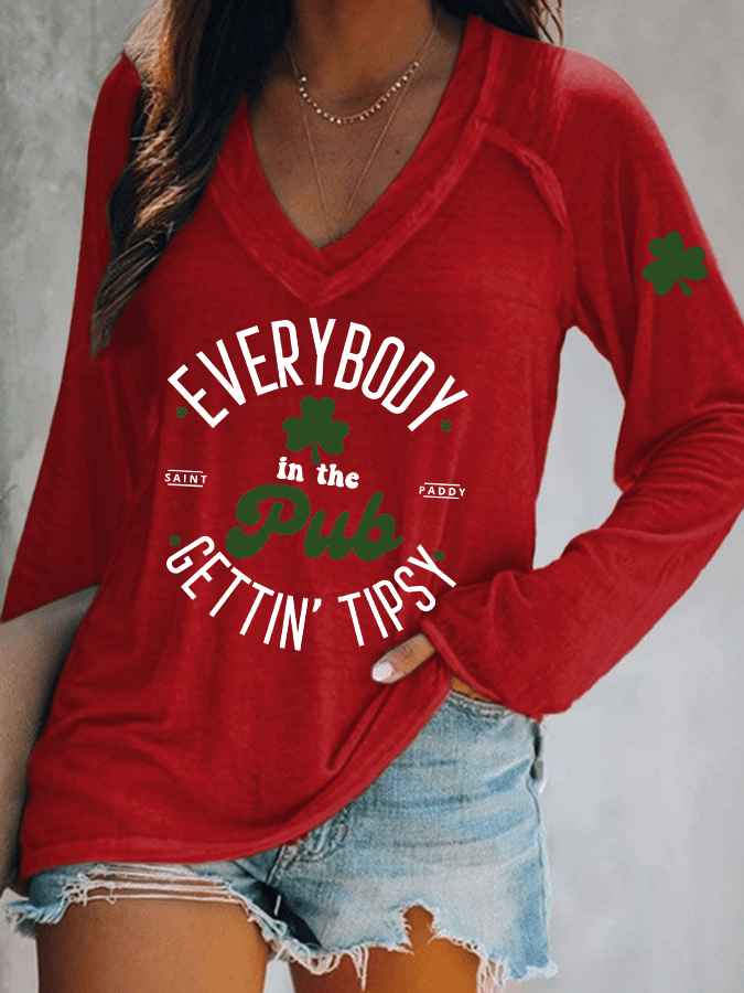 Women's Everybody In The Pub Getting Tipsy St. Patrick's Day Print V-Neck T-Shirt