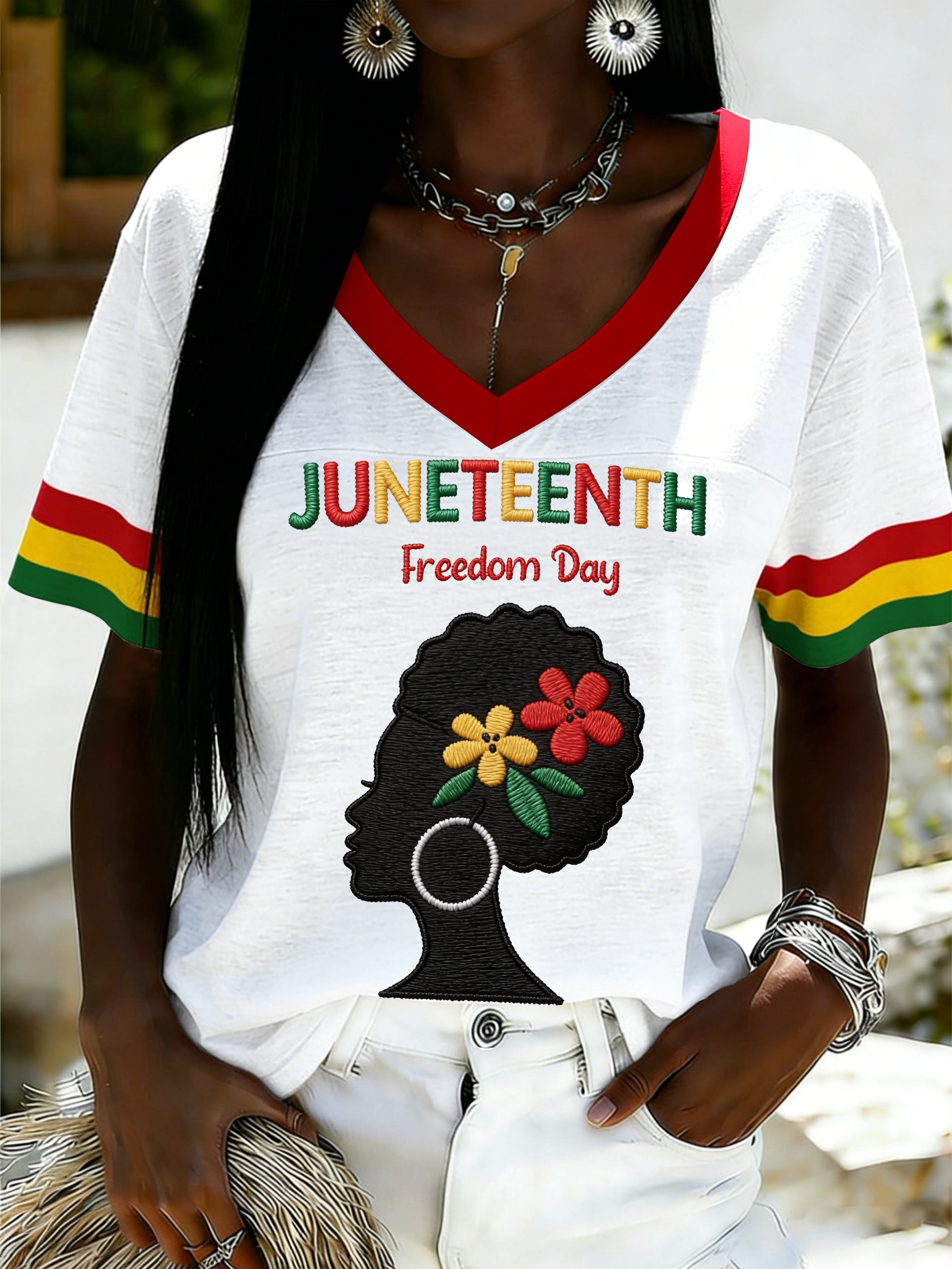 African American Women's Juneteenth Print V-Neck Top