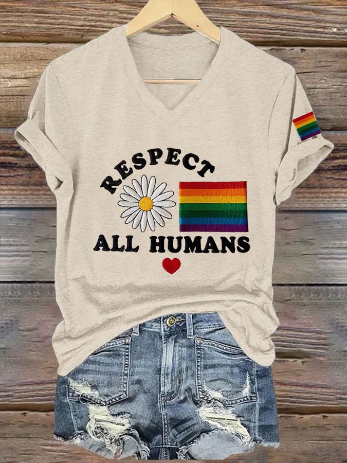 Women's LGBT Respect All Humans Print V-Neck T-Shirt