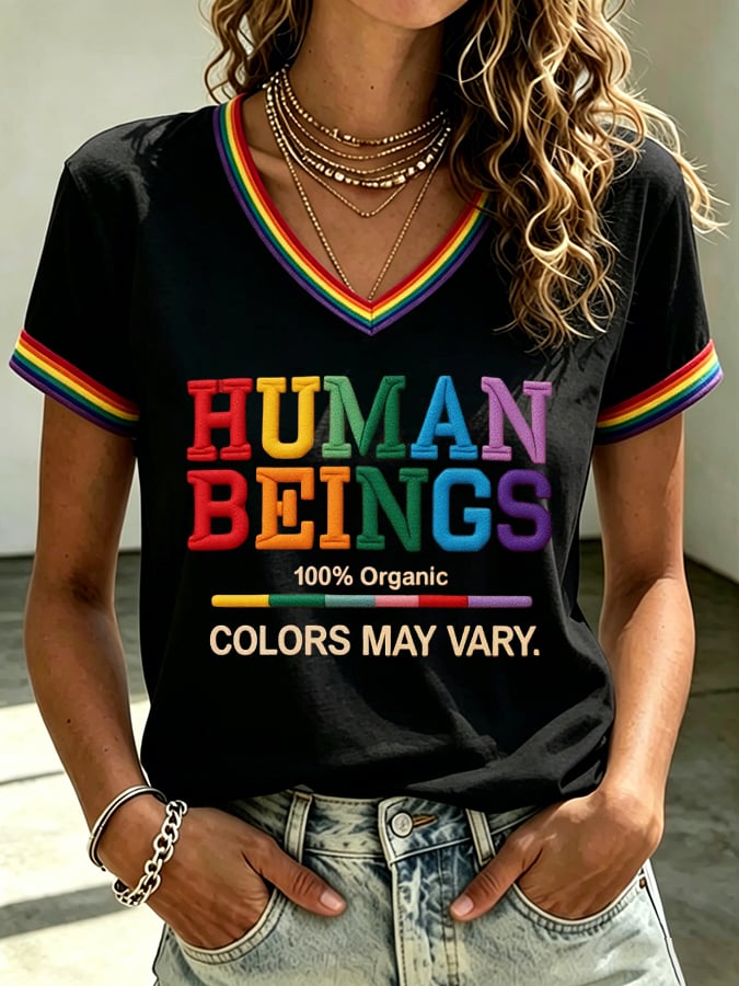 Women's Human Beings Colors May Vary Print V Neck T-shirt