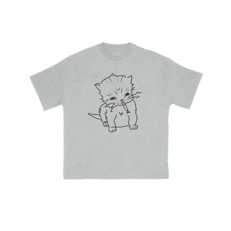 Unisex Smoking Cat Print T-shirt