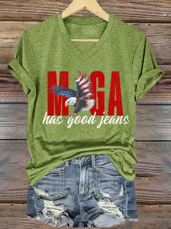 V-Neck Retro Has Good Jeans Print T-Shirt