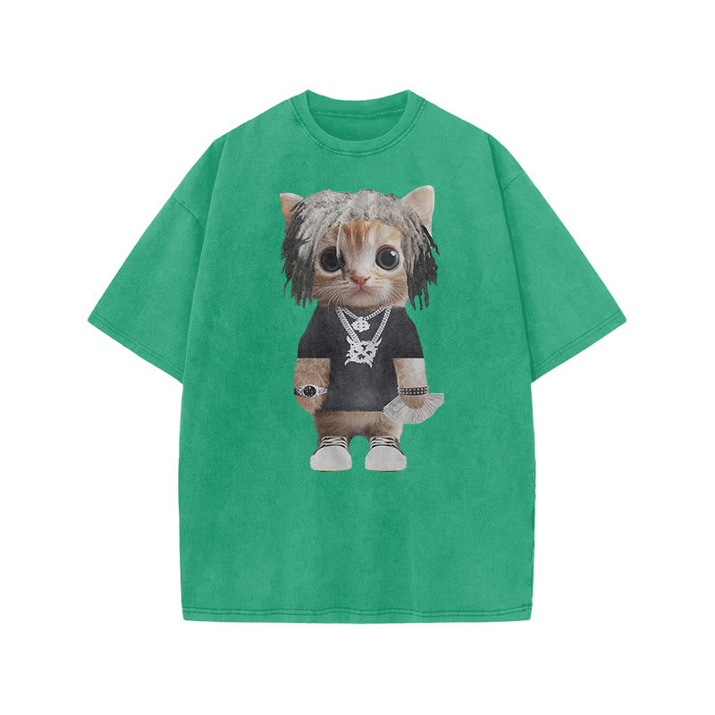 Unisex Street Style Cat Print Acid Washed T-shirt