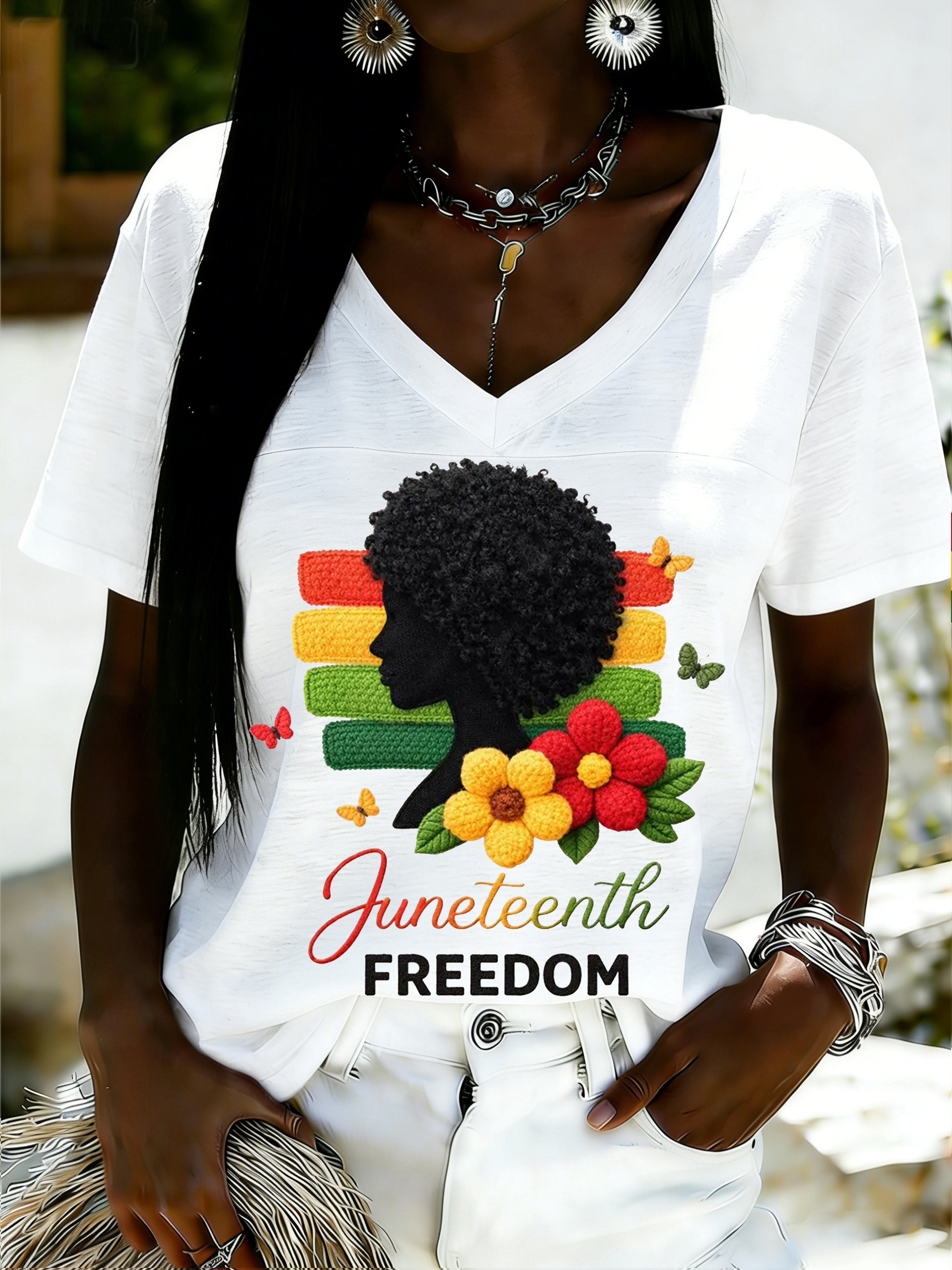 African American Women's Juneteenth Print V-Neck Top