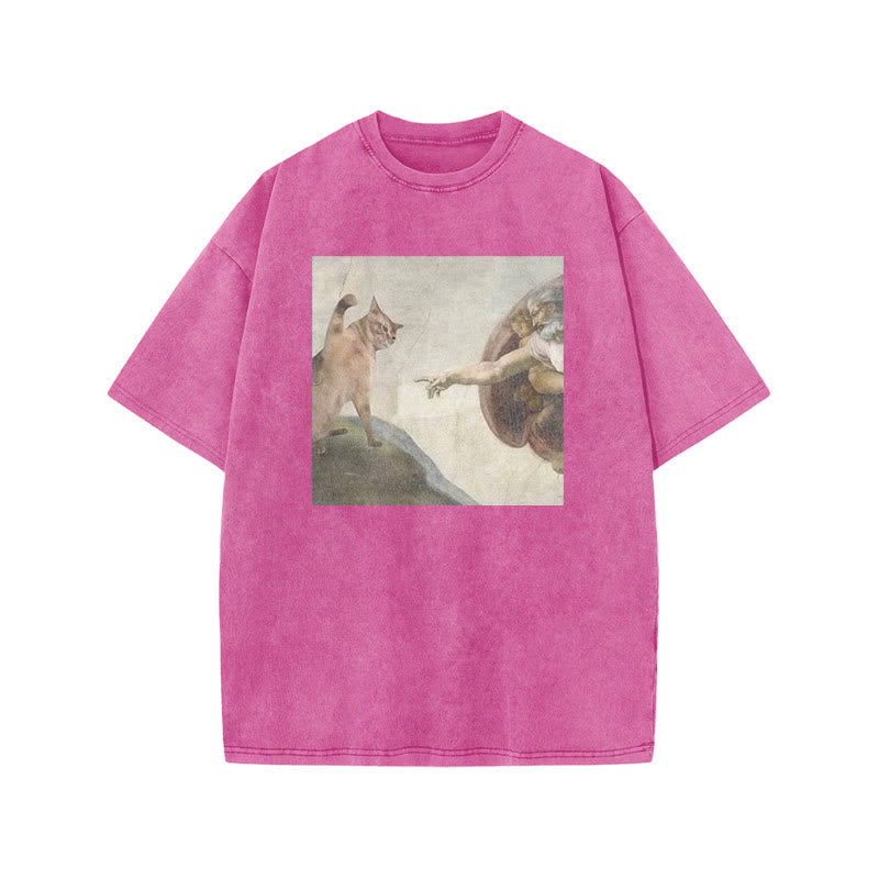 Unisex Oil Painting Cat Print Acid Washed T-shirt