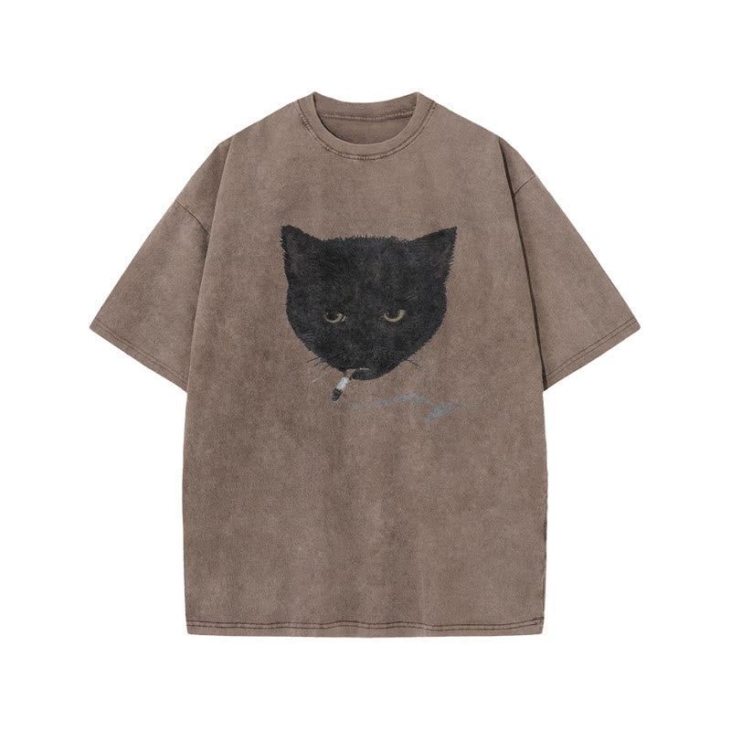 Unisex Smocking Cat Print Acid Washed T-shirt
