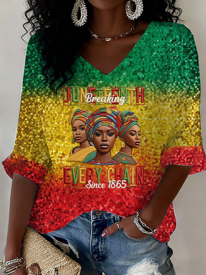 Women's Juneteenth Breaking Every Chain Print V Neck Top