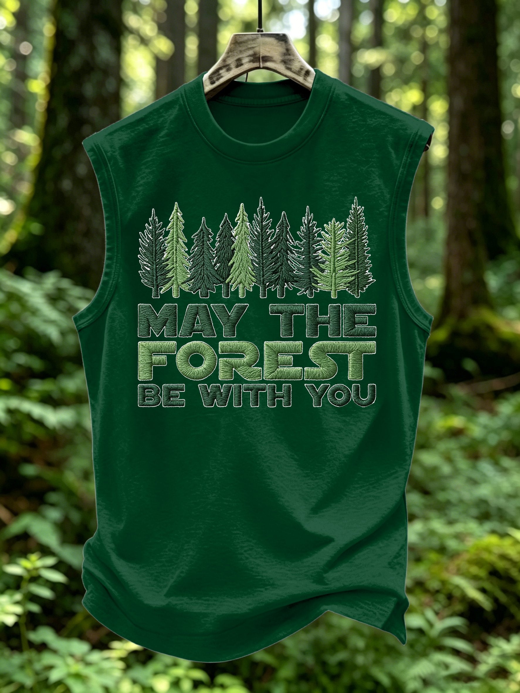 Men's Retro May The Forest Be With You Print Round Neck Vest