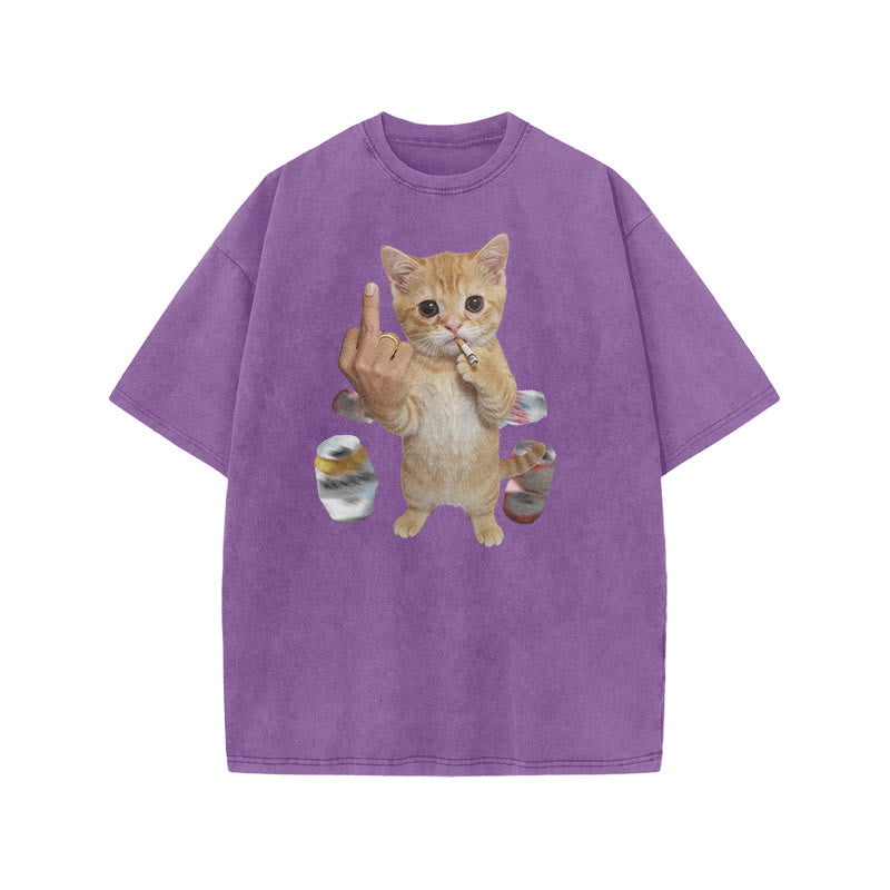 Dope Ass Cat Print Acid Washed T-shirt