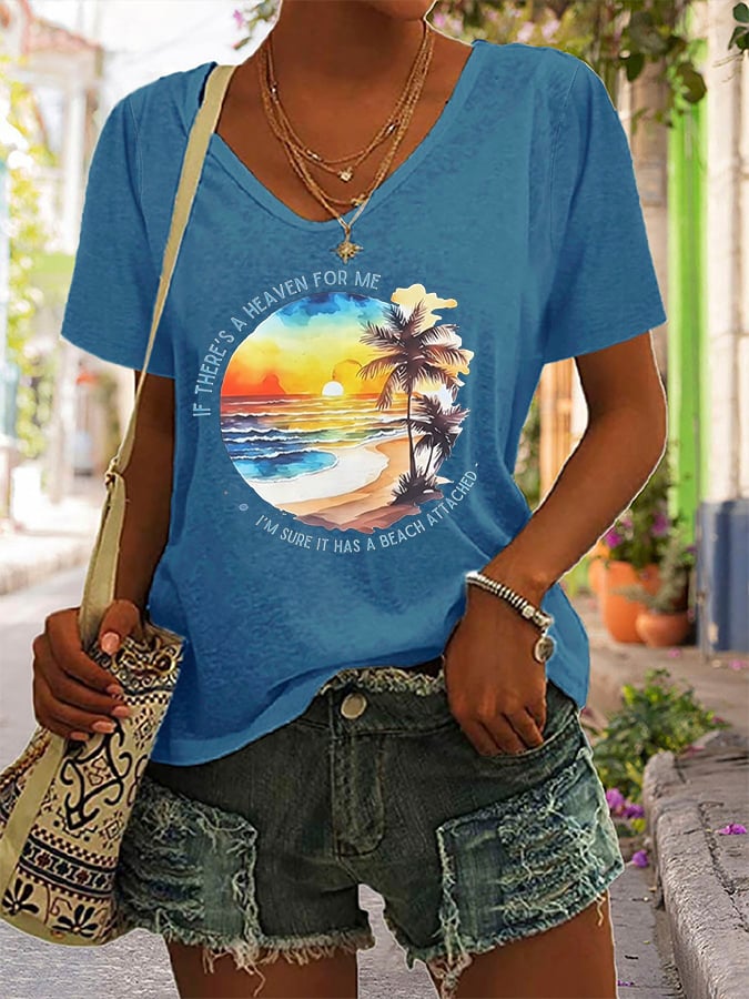 Women's If There's A Heaven For Me, I'm Sure It Has A Beach Attached Printed Short-Sleeved T-Shirt