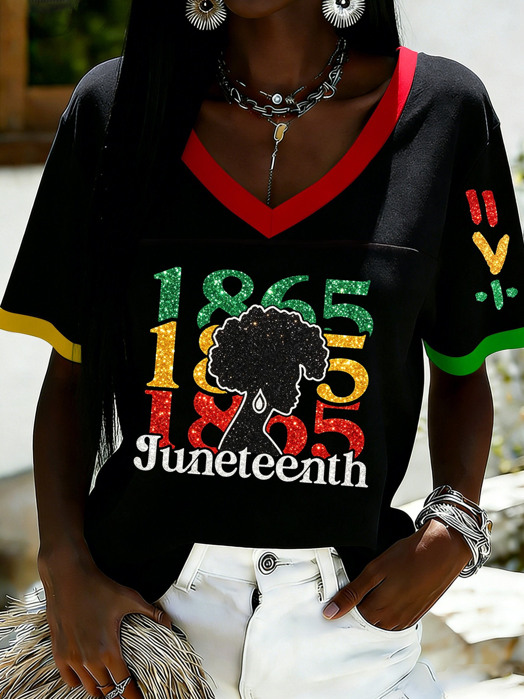 African American Women's Juneteenth Print V-Neck Top