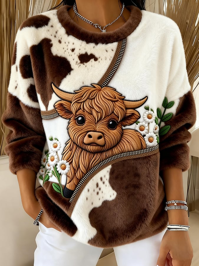 Women'S Cute Animal Highland Cow Print Sweatshirt