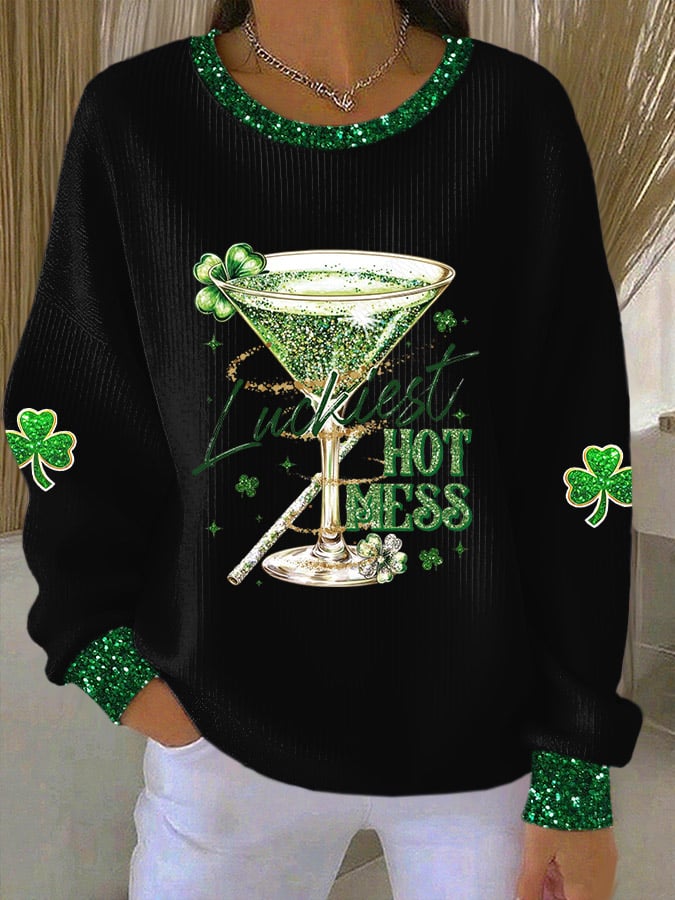 Women's St. Patrick's Luckiest Hot Mess Print Casual Sweatshirt