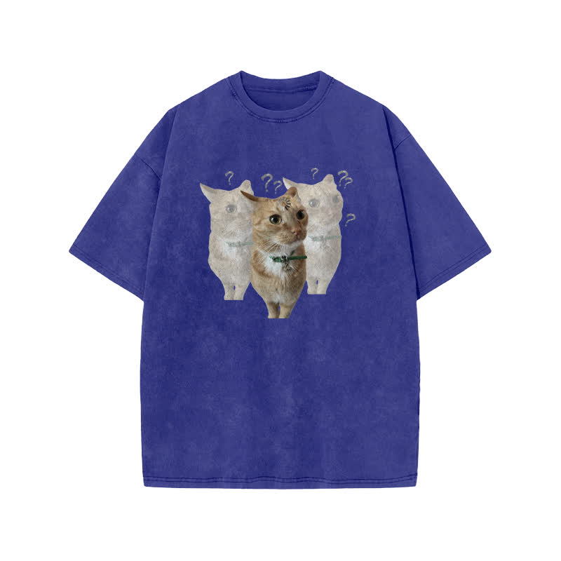 Unisex "Brain Is Loading" Fun Cat Pattern Print Acid Washed T-shirt