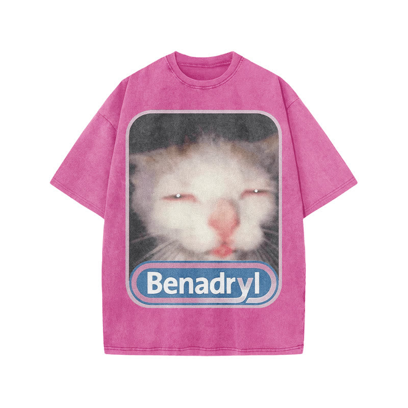 Unisex Benadryl Meme Cat Art Print Acid Washed T-shirt