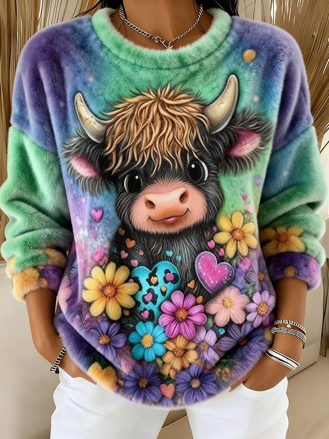 Women'S Cute Animal Highland Cow Print Sweatshirt