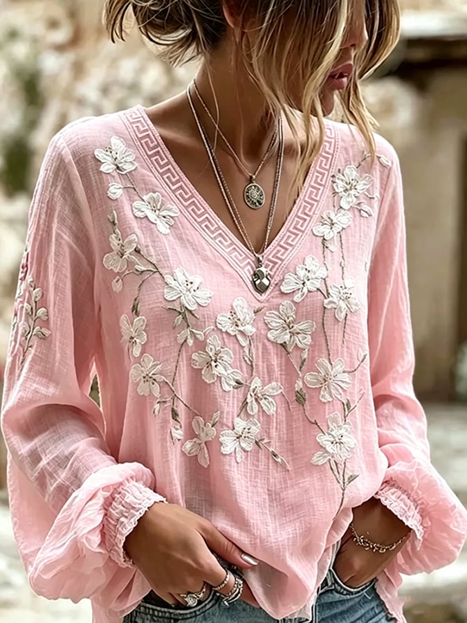 Women's Floral Cotton-Linen Print Top