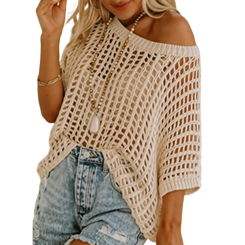 Womens Summer Scoop Neck Short Sleeve Sweater Casual Crochet Hollow Out Knit Tops