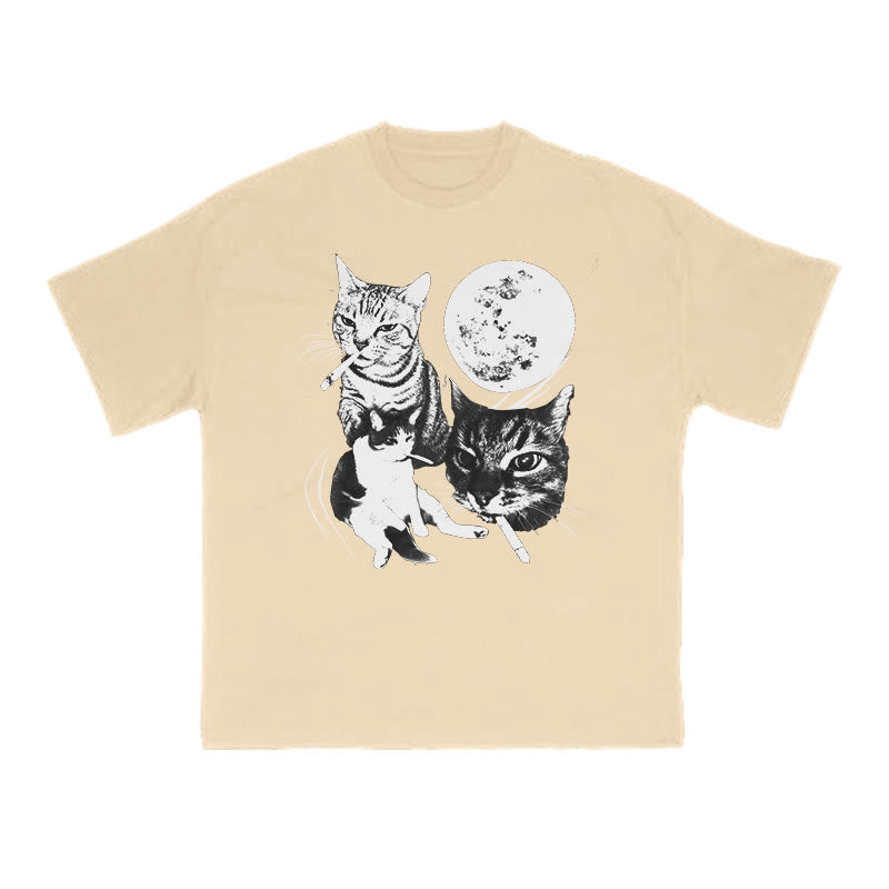 Unisex Three Cats Smoking Under The Moon Print T-shirt