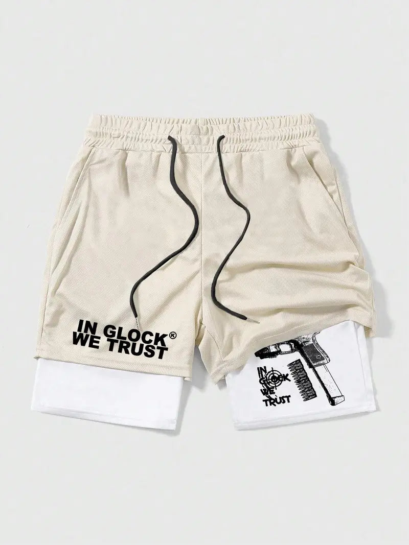 Unisex 2 in 1 Fit Hand & Gun Print Drawstring Beach Shorts