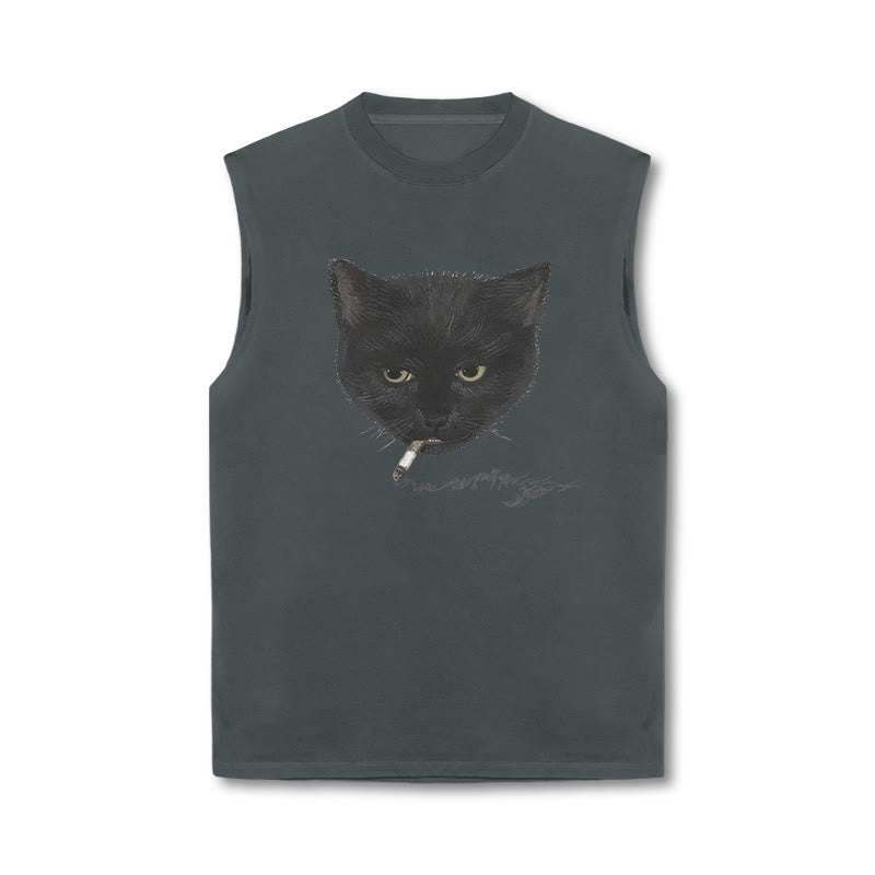 Unisex Smocking Cat Print Tank Top