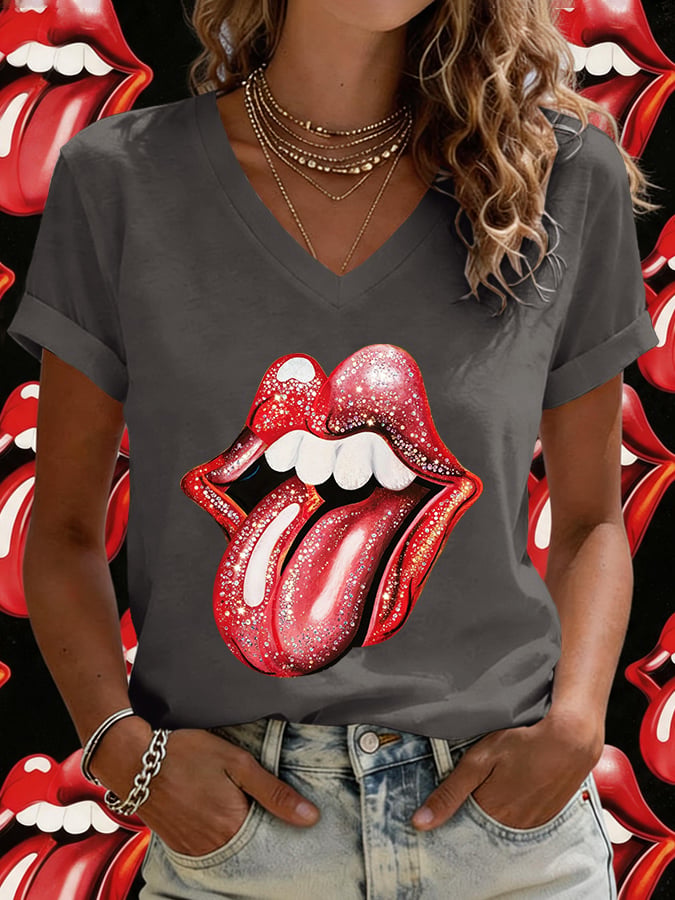 Women's V-Neck Retro Foreign Tongues Print T-shirt