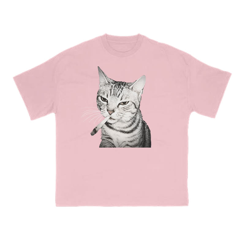Tabby Cat With A Cigarette In Its Mouth Print T-shirt